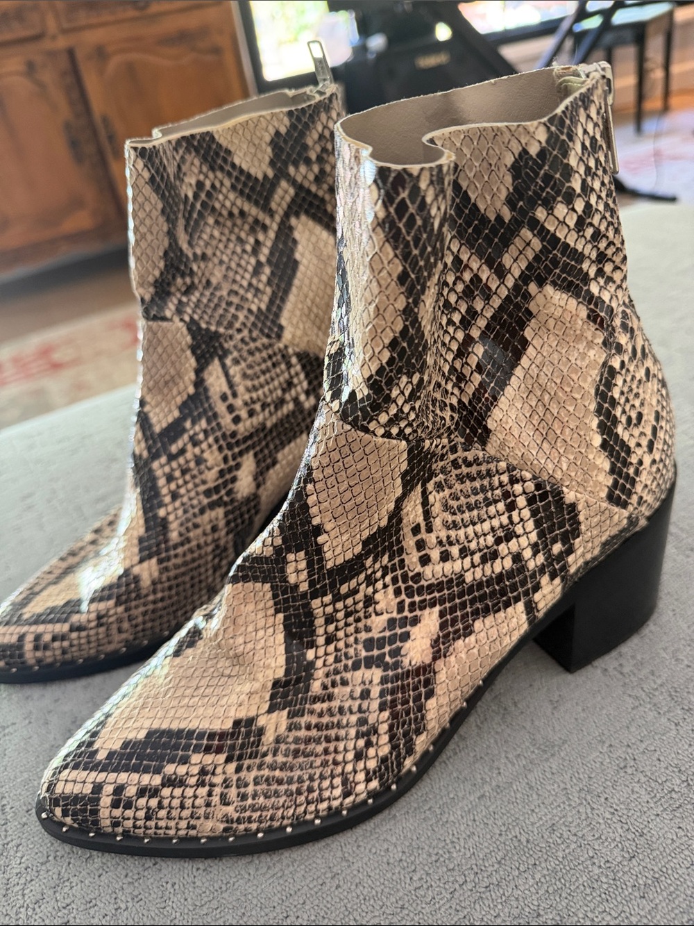 Treasure & Bond Beige and Black Snake-Print Ankle Boots